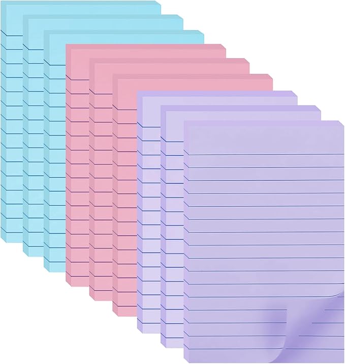 9 Pack Lined Sticky Notes 4X6 in Post Sticky Notes with Lines, Large Ruled Post Sticky Colorful Super Sticking Power Memo Pads Strong Adhesive (Orchid Frost, Pink, Blue)