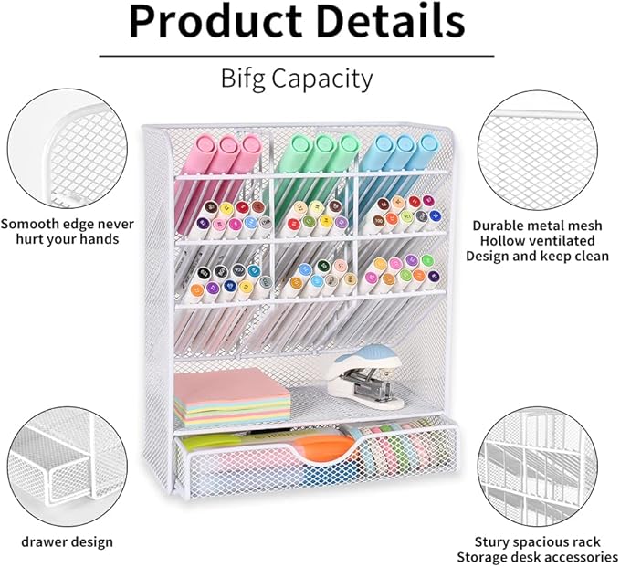 Spacrea Pen Holder Desk Organizer - Desk Organizers and Accessories, Pencil Holder with 10 Compartments and 1 Drawer（White）