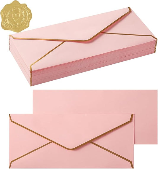 100 Pack #10 Business Envelopes with Gold Border, Self Seal Standard Envelopes with Gold Stickers for Office, Checks, Letter Mailing, Invoices, 4 1/8 x 9 1/2 Inches (Pink)