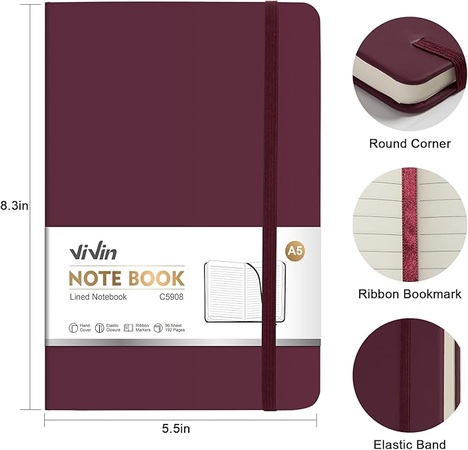 ViVin Lined Journal Notebooks, 3 Pack, (Black, Burgundy, Dark Green), 192 Pages, Medium 5.5 x 8.3 inch, College Ruled, A5 Hardcover Notebooks, Journaling Notebooks for Work, Writing, School