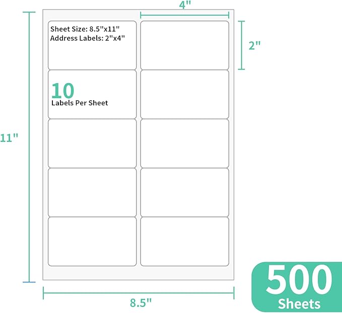 500 Sheets 10 up Labels, 2" x 4" Sticker Printer Paper for Laser/Inkjet Printer, Mailing Blank Labels, Self Adhesive Customizable