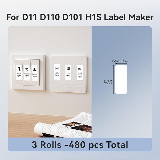 NIIMBOT D11 Label Maker Tape D110 Labels 3Rolls, Self-Adhesive Labeling Tape Replacement 0.47" X 1.18" (12 X 30mm) Thermal Label Refills for Home Office, 630 Labels/3Rolls, White