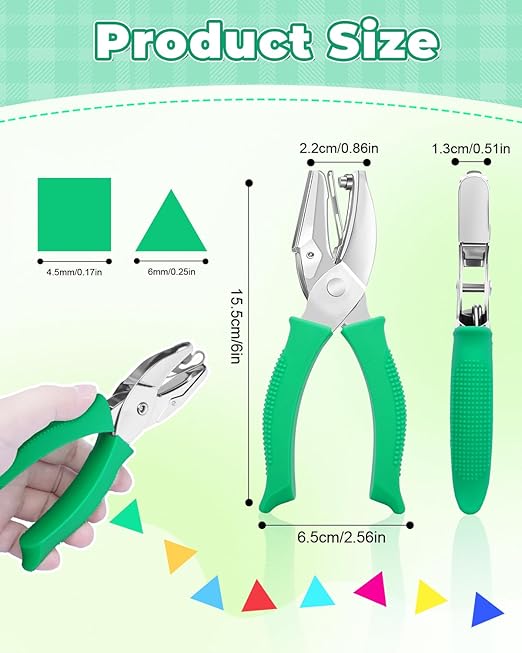 UCEC 2Pcs 1/6" Square and 1/4" Triangle Shape Handheld Metal Hole Punch Set, Small Triangle and Square Hole Puncher with Grip Back to School Supplies for Handmade DIY Craft in Home Office Classroom
