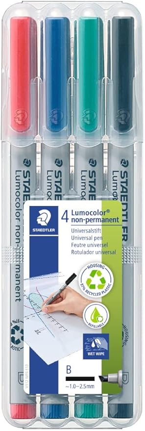 STAEDTLER Lumograph Non-Permanent Wet Erase Marker Pen: 4 Count - Broad Tip (1-2.5mm), Low Odor Colored Markers, Red, Blue, Green, Black
