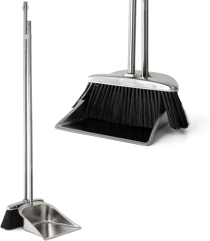 VOOWO Heavy Duty Broom and Dust pan Set, Stainless Steel Broom and Dustpan Set with Long Handle, Broom with Dustpan Set for Home Standing Dust Pan Indoor Outdoor Brooms Dustpan