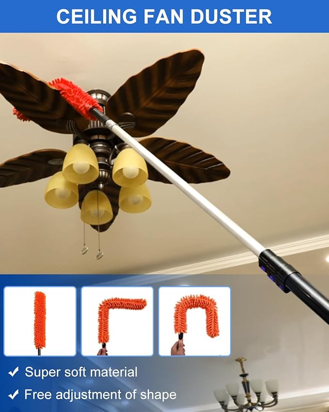 26 Foot High Reach Duster Kit with 5-19 ft Telescoping Extension Pole, High Ceiling Duster, Cobweb Duster, Window Squeegee, Feather Duster, Outdoor & Indoor Extendable Duster Cleaning Kit