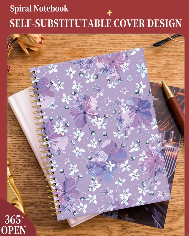 Spiral Journal Notebook for Women,A5 College Ruled Notebooks 6"x 8.4", 120 Pages (60 Sheets) Lined Journal with Premium Thick Paper,Perfect for School Office Home(Purple Floral)