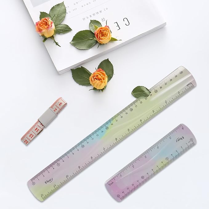 2 PCS Ruler, Kids Ruler, Soft Flexibleruler, Bendable Plasticruler, Single Piece Plastic Construction, with 1 Measuring Tape for School, Classroom, Office, Kids & Adults (5.9 in, 11.8 in)