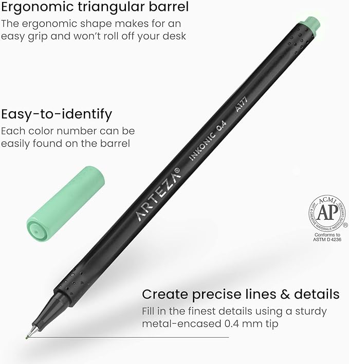 ARTEZA Inkonic Fineliners Pens, Set of 72, 0.4 mm Fine Tip Markers, Water-Based Art Pens for Drawing, Sketching, Journaling, Calligraphy