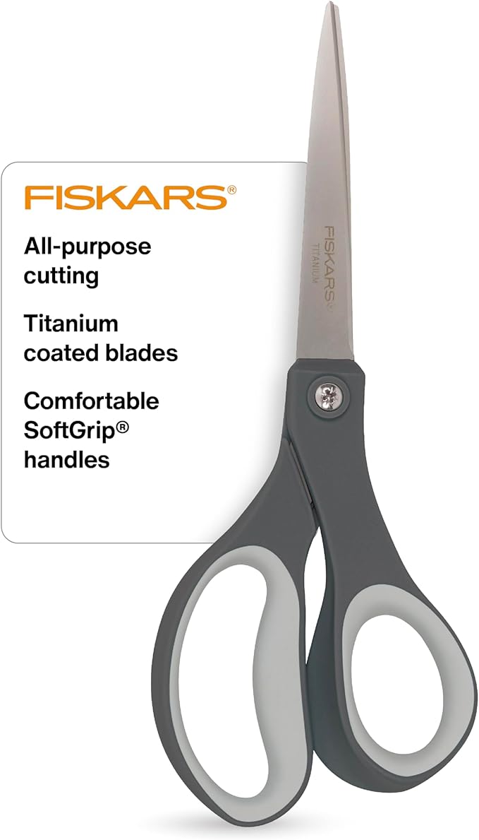 Fiskars 8" Comfort Grip Titanium All Purpose Scissors - Stainless Steel Blades for Everyday Cutting Tasks - Home, Office, and Arts & Crafts - Gray