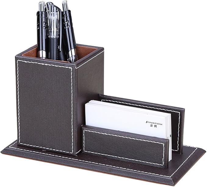KINGFOM PU Leather Desk Organizer and Accessories, Pencil Holder for Desk with Business Cards Stand, School Office Supplies Collection Caddy Brown