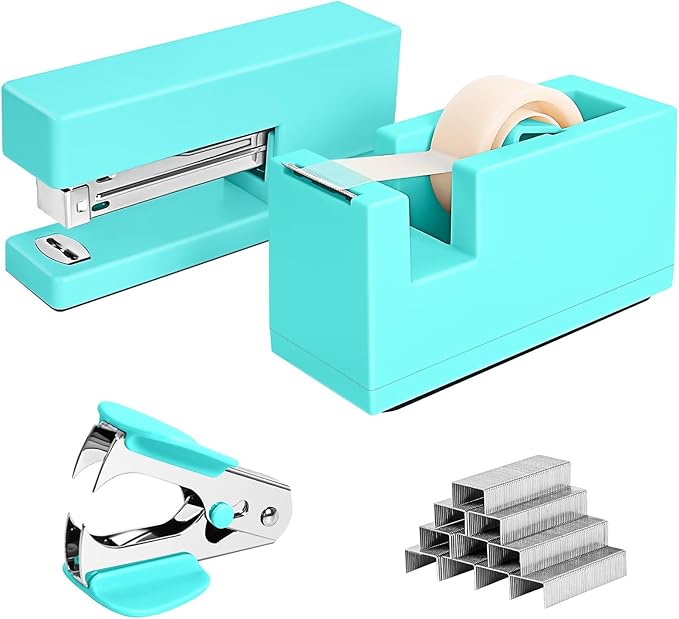 1 Desktop Stapler & 1 Tape Dispenser - 25 Sheet Capacity with 830 Staples and Staple Remover, Non-Slip for Office,School, Home & Classroom, Green(Tape not Included)