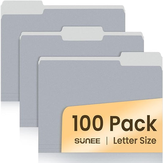SUNEE File Folders Letter Size Gray, 100 Pack Manilla Folders 8.5 x 11 1/3-Cut Tabs, Colored File Folders Office Home School for Documents Files Paper