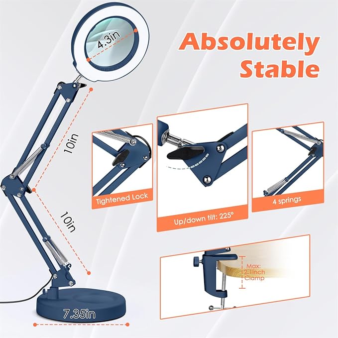 10X Magnifying Glass with Light and Stand, Real Glass Lens Desk Lamp, Lighted Magnifier with Light Stepless Dimming Hands Free for Craft, Reading, Painting, Sewing, Solder - Blue