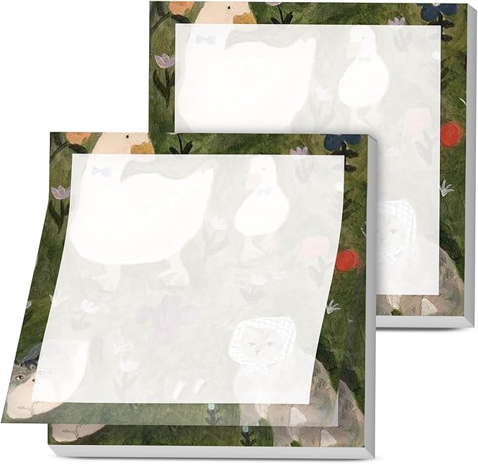 Sticky Notes, 2 Pads, 3x3 inches, Cute Colorful Fun Self-Stick Note Pads, Easy Post, Strong Adhesive Notepad Green Duck and Cat Scene