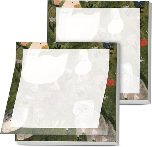 Sticky Notes, 2 Pads, 3x3 inches, Cute Colorful Fun Self-Stick Note Pads, Easy Post, Strong Adhesive Notepad Green Duck and Cat Scene