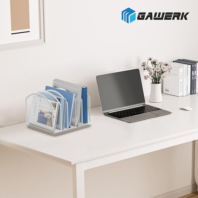 5-Section Vertical Desktop Organizer, 5-Section Mesh File Folder Stand Sorter for Office Home Classroom Organization (1, White)