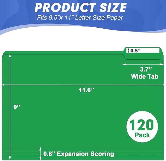 File Folder, HERKKA 120 Pack 1/3 Cut Tab File Folders, File Folders Great for Organizing and Filing, Letter Size, Green