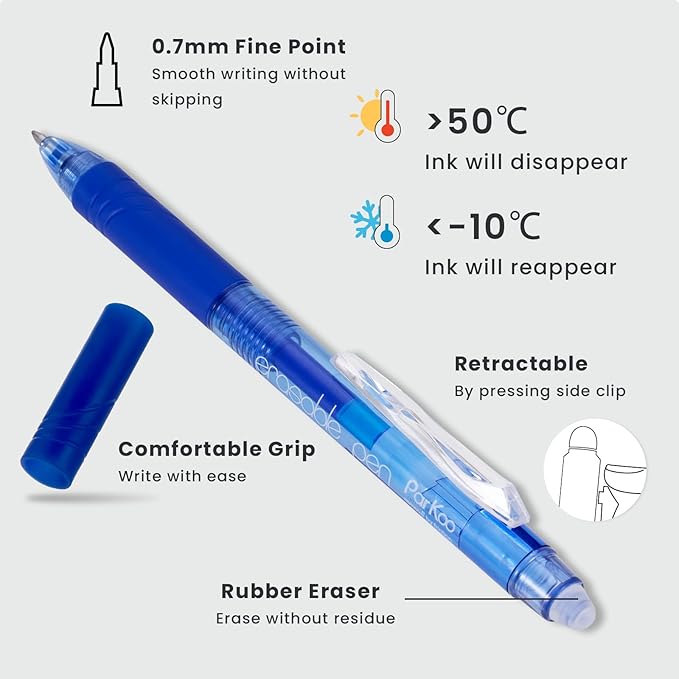 ParKoo Retractable Erasable Gel Pens Clicker, Fine Point 0.7 mm, Make Mistakes Disappear, 20 Pack Black and Blue Pens for Writing, Journaling and Crossword Puzzles