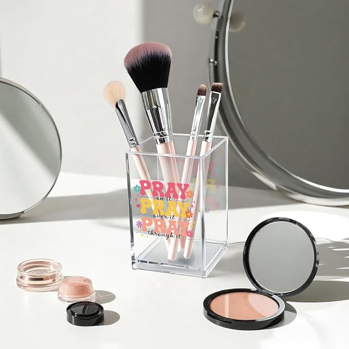 Pray on it Pray through it Acrylic Cosmetic Pencil Pen Holder Cup, Bible Verse Pen Holder Cup, Women Faith Gifts, Christian Gifts for Women Mom Daughter Sister Friend Colleague Boss Teacher