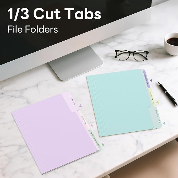 Piasoenc Color File Folders Set of 120, 1/3 Cut Tab, Letter Size Folder for 8.5 x 11 Documents Files, Assorted 6 Colors Filing for Office School Business