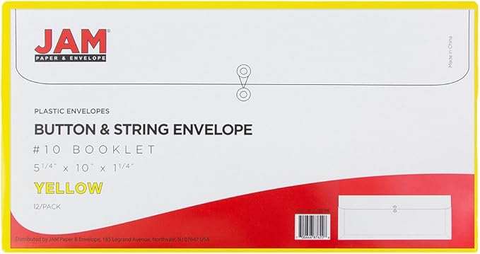 JAM PAPER Plastic Envelopes with Button & String Tie Closure - #10 Business Booklet - 5 1/4 x 10 - Yellow - 12/Pack