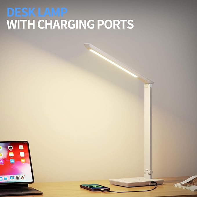 Desk Lamp with USB Charging Port, 14W 900LM Dimmable Eye-Caring Reading LED Desk Light for 9 Brightness Slide Touch & 5 Color Temperature Modes, Home Office Desktop Lamp, Small Study Lamp, White