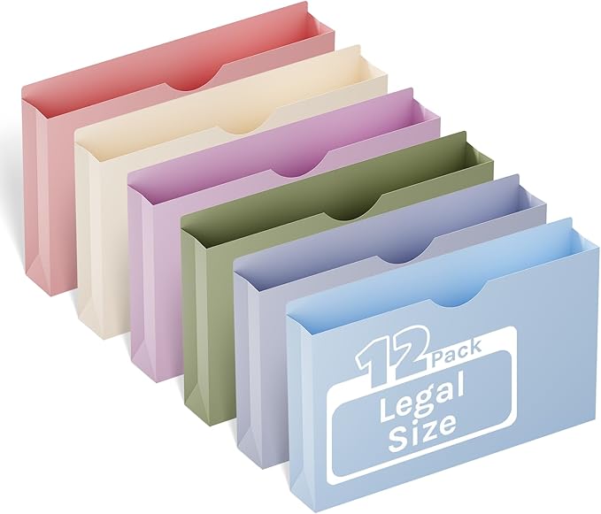 ANSOOK Plastic File Jackets,2" Legal Size Manilla Folders,12 Pack Expanding File Folder,Heavy Duty Expansion Pocket,File Cabinet Folders,Straight Cut Tab,Morandi Color Manila Folder for Home Office