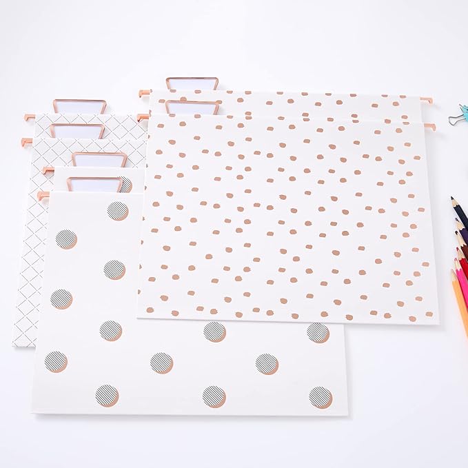 Y YOMA 12 Pack Rose Gold Hanging File Folders Letter Size Decorative File Folder Cute Pretty Hanging Folder Organizer for Filing Cabinet Office Home with 1/5-Cut Adjustable Tabs, 3 Gold Foil Design