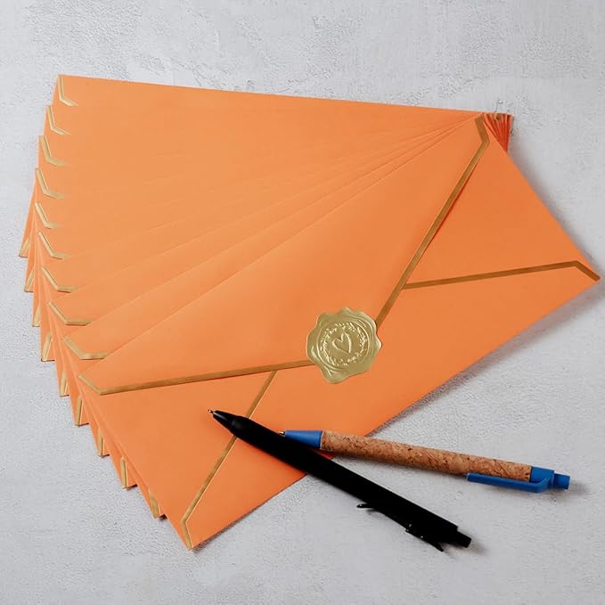 30 Pack Thick #10 Business Envelopes with Gold Border, 4 1/8 x 9 1/2 Thick Paper Standard Envelopes with Stickers for Office, Checks, Letter Mailing, Invoices (Dark Orange)
