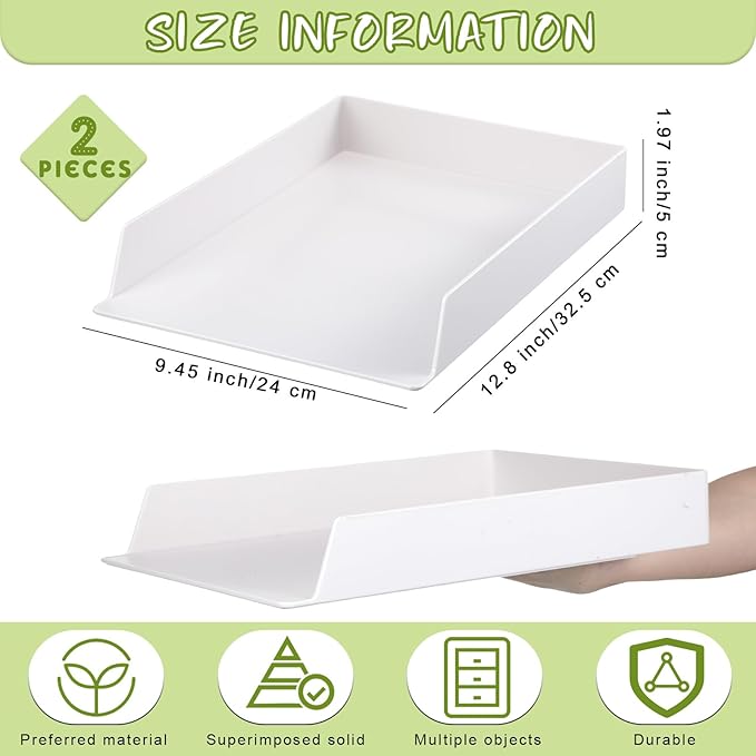 2 Pcs Stackable Desk Organizer Trays Rectangular Plastic Desk Holder Desktop Letter Tray File Organizer Paper, File, Magazine, Office Organization for Desktop