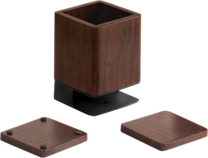 Anji Mountain Mango Wood Pen Holder with 2 Coasters, Stained Wood & Powder Coated Metal Pen Holder, Sustainable Room Decor Desk Organizer, Stylish Designer Pencil Case for Office Supplies