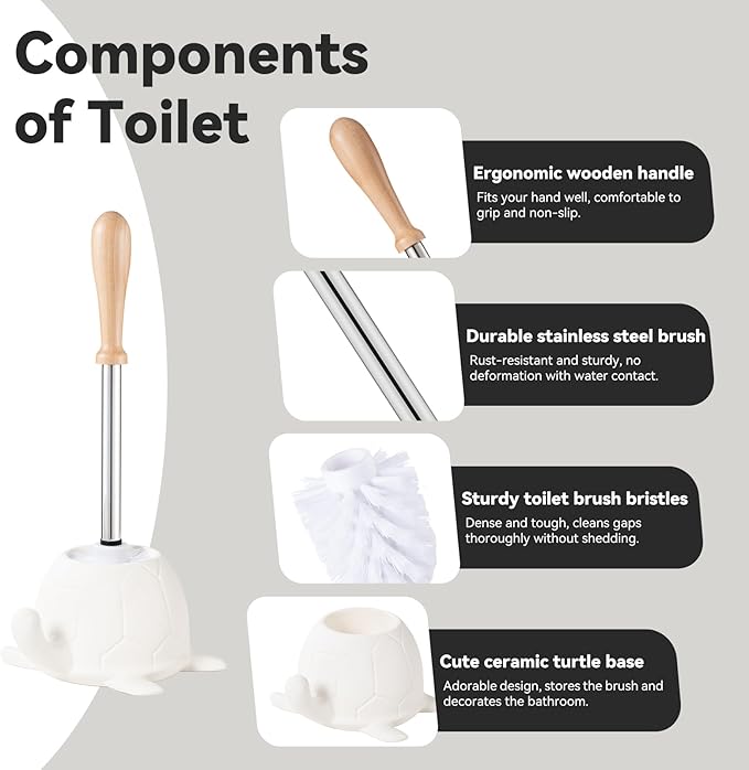 Turtle Base Toilet Brush and Holder Set - Ceramic Toilet Bowl Cleaner Brush, DIY-Paintable Toilet Base Bathroom Brush for Home & Commercial Use - White
