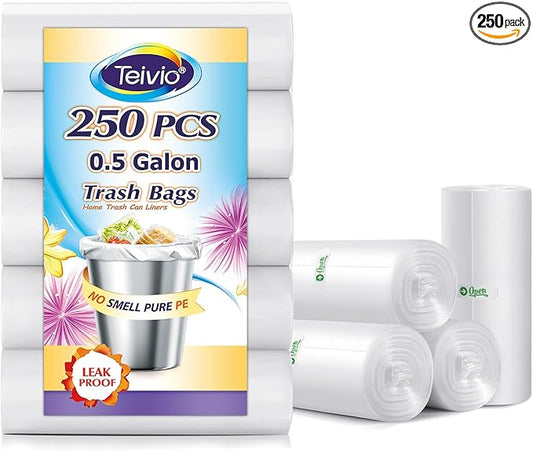 0.5 Gallon Mini Strong Trash Bags, Tiny Bathroom Garbage Can Liners by Teivio, Small Plastic Bags for Desktop Trash Bin/Dog/Poop Car, Fit 2 Liters or Less Can (250 Counts, Clear)