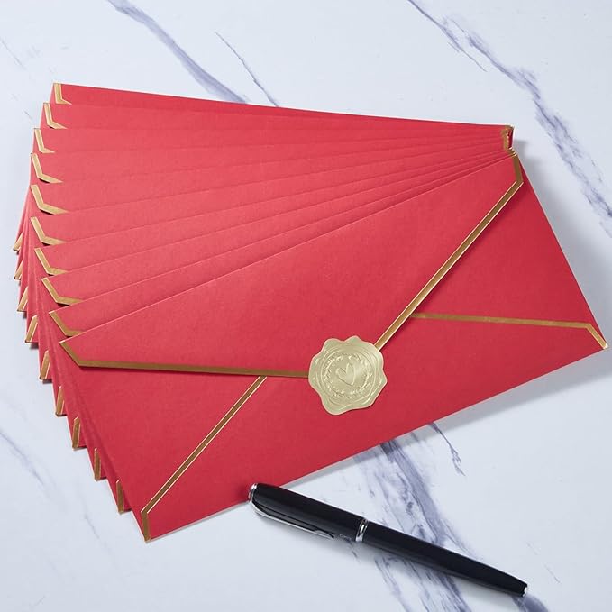 30 Pack Thick #10 Business Envelopes with Gold Border, 4 1/8 x 9 1/2 Thick Paper Standard Envelopes with Stickers for Office, Checks, Letter Mailing, Invoices (Red)