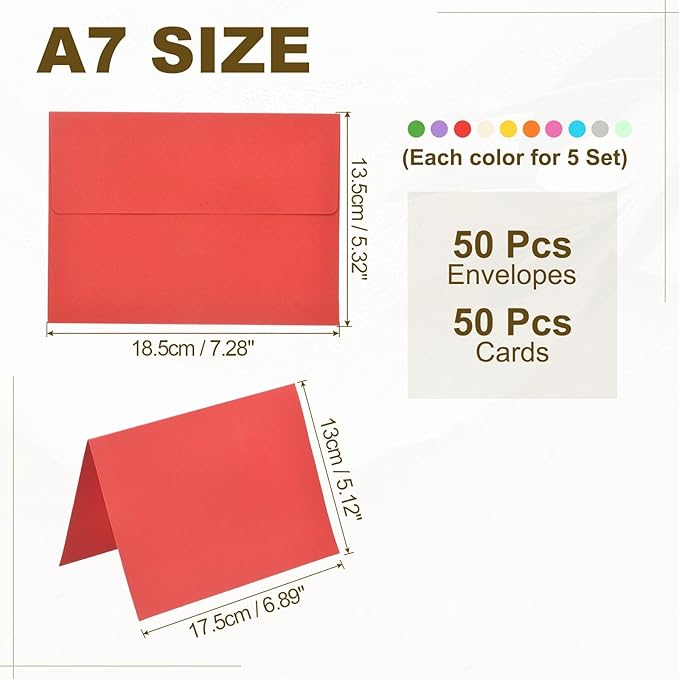 PATIKIL 50Pack 10 Assorted Colors 5x7 Blank Cards and Envelopes, Self Seal A7 Envelopes with Folded Cardstock Small for Greeting Cards Wedding Greeting Birthday Invitations Letter Mailing