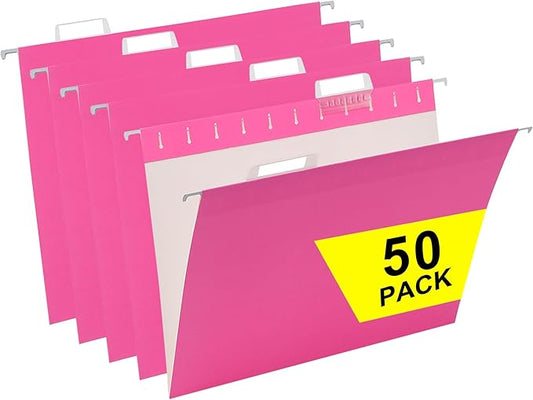 50 Packs Hanging File Folders,Pink Letter Size File Folder,Designed for Bulky Files,Filing Cabinet,1/5 Adjustable Tabs for Office,School,Home