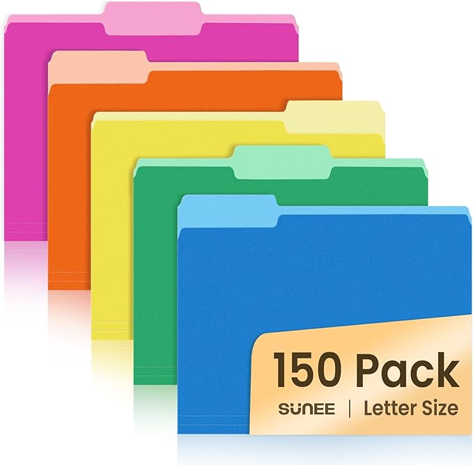 SUNEE File Folders, 150 Pack Manilla Folders 8.5 x 11, Colored File Folders Home Office School Supplies for Documents Files Paper, 5 Assorted Colors