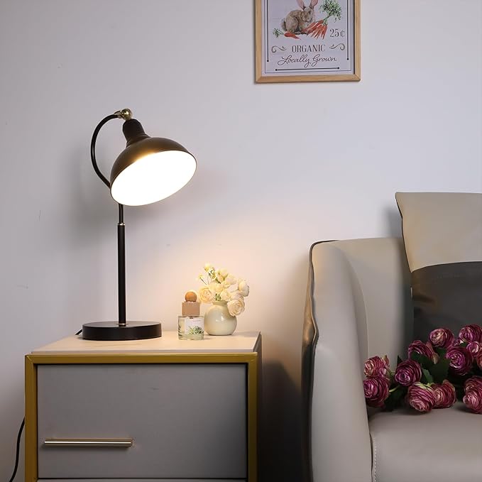 Black Desk Lamp with 59” Plug in Cord On/Off Switch, Adjustable Table Lamp for Bedroom, Coffee, Dorm Lighting Decor (E14 Bulbs not Included)