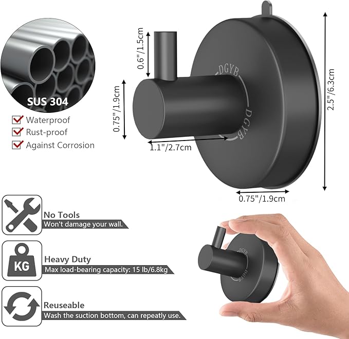 DGYB Suction Cup Hooks - Set of 2 Towel Hooks for Bathrooms - SUS 304 Stainless Steel - Grey - 15 Lb Capacity