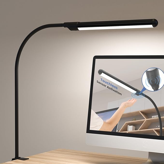 MYPLUS LED Desk Lamp with Hand Wave Sensor, 5 Color Temperatures 2700K-6500K, Touchless Dimming, 360° Adjustable Gooseneck, Clamp Table Lamp, 110V