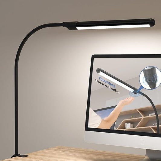 MYPLUS LED Desk Lamp with Hand Wave Sensor, 5 Color Temperatures 2700K-6500K, Touchless Dimming, 360° Adjustable Gooseneck, Clamp Table Lamp, 110V