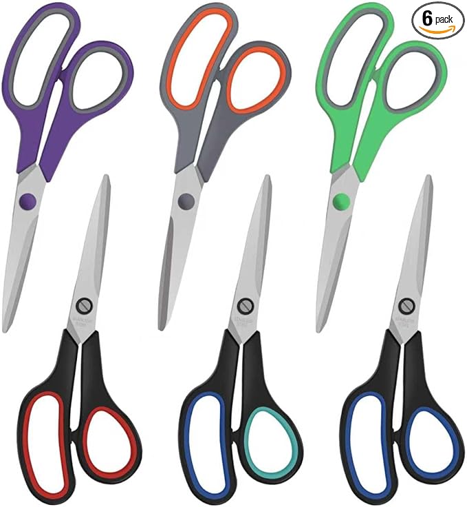 EKKEDO 6 Pack All Purpose Scissors, 8.3" Stainless Steel Scissor With Ergonomic Soft-Grip Handles, Sharp Blades Scissors for Office, School, Kitchen, Crafts, Sewing, Left and Right Hand Use (6 Colors)