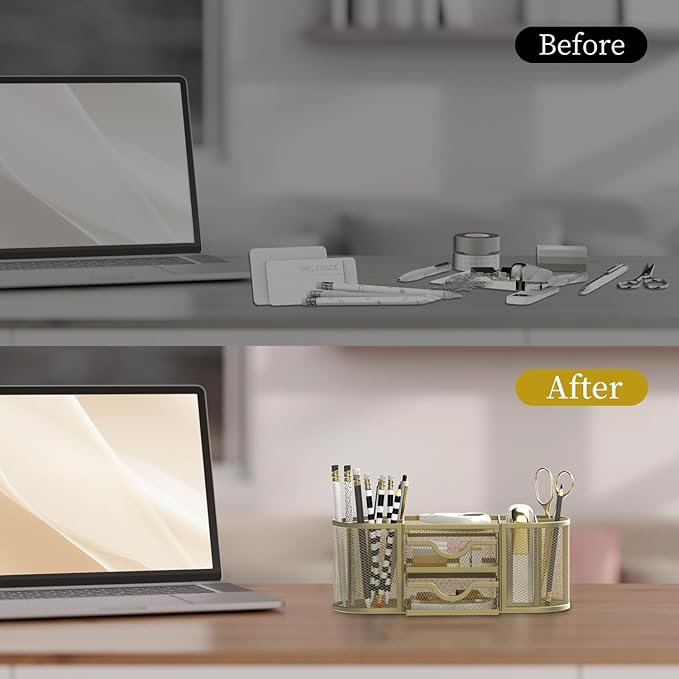 SUPEASY Mesh Desk Organizer, Desk Organizers and Accessories, Pen Holder with Drawers, Pencil Holder for Desk with 2 Drawer for Office Supplies, Golden yellow