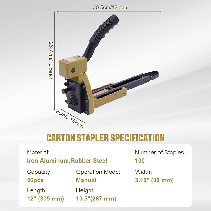 Carton Stapler Heavy Duty Manual Carton Closing Stapler with 100 Pcs Staples (1-3/8-Inch Crown, 3/4-Inch Length), Industrial Staple Tool for Sealed Boxes, Cartons, Corrugated Cardboard