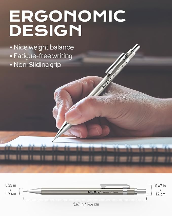 Nicpro 4 Pack Mechanical Pencil 0.7mm with Case, MB1000 Metal Mechanical Pencil Set with 6 Tube HB #2 Lead Refill 0.7 mm, 3PCS 4B Eraser, 9 Cap Eraser for Artist Drafting Writing, Sketching, Drawing