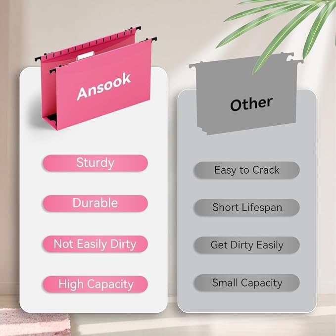 ANSOOK Plastic Legal Size Hanging File Folders,Heavy Duty 3 Inch Expansion,12 Pack Expanding File Folder,File Cabinet Folders with Insertable Tabs,Color Accordion File Organizer for Office Home School