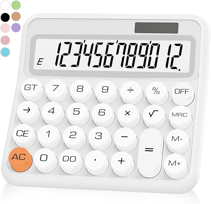 White Calculator, Standard Calculator 12 Digit with Large LCD Display and Big Buttons, White Office Supplies and Desk Accessories for Home, Office, School, Class and Business