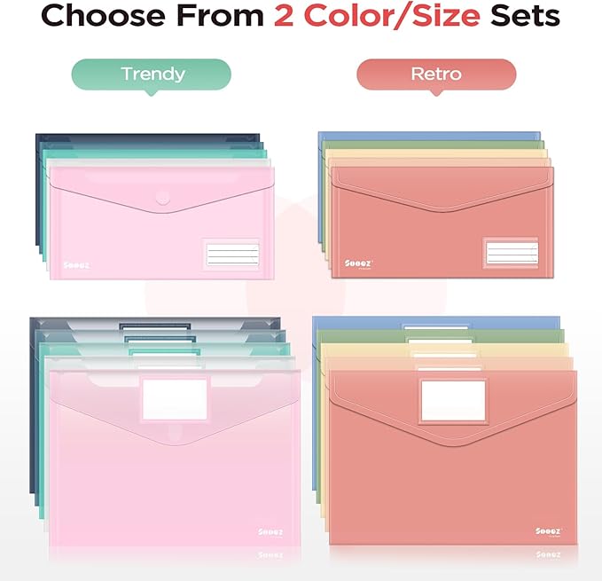 Sooez 40 Pack Plastic Envelopes, Plastic File Folders, Clear Folders for Documents Trendy Colors, Super Heavyweight Document Holders, Storage Pouches, File Envelopes for School Office Supplies