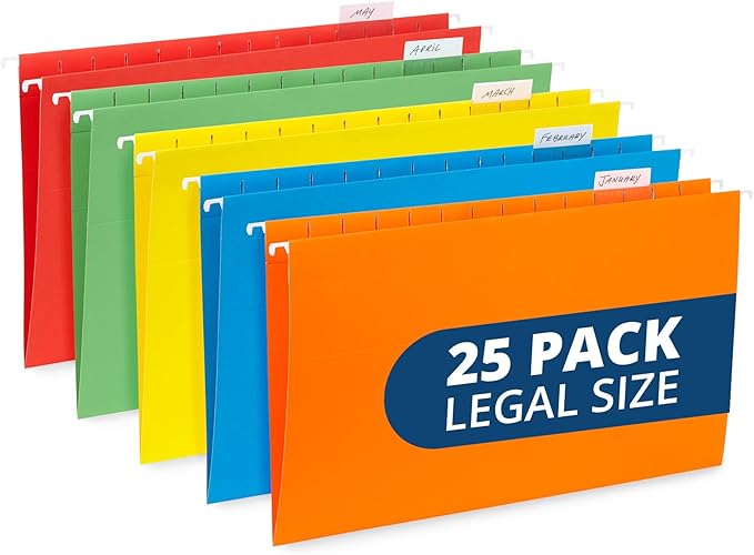 Blue Summit Legal Size Hanging File Folders, Legal Size Folders 9.5” × 14.75”, 25 Reinforced Hanging Files in Assorted Colors, Designed for Home and Office Color Coded File Organization, 25 per Box